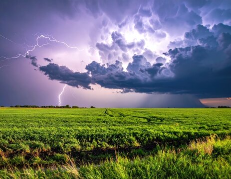 Dramatic thunderstorm with vibrant lightning over lush green field