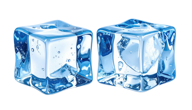 Two clear ice cubes, with bubbles, on a black background