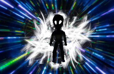 Alien figure surrounded by light trails and energy patterns