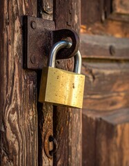 Padlock Securing a Wooden Door - A Close-Up View.