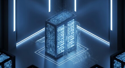 Server Room with Glowing Lights and Data Processing Concept