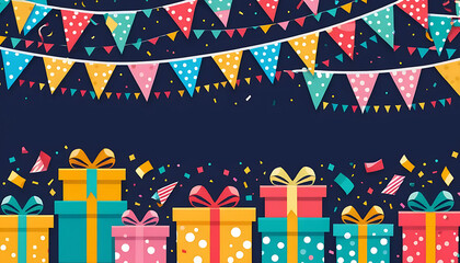 illustration of colorful gift boxes with ribbons, confetti and bunting flags
