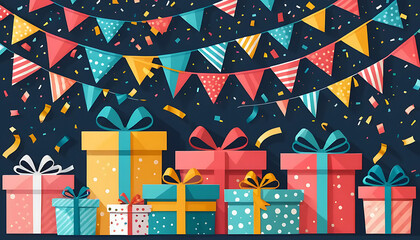 illustration of colorful gift boxes with ribbons, confetti and bunting flags