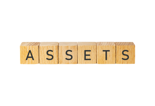 Wooden letter tiles spelling assets isolated on transparent background