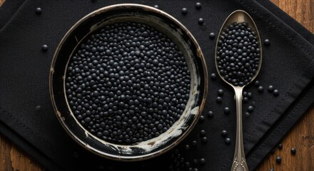 Black beluga lentils in a rustic bowl with a spoon on a dark textured background, closeup shot