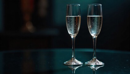 Pair of ornate silver champagne flutes with condensation, on a mirrored surface. A tightly cropped shot of two ornate, polished silver champagne flutes. Subtle condensation droplets are visible on the