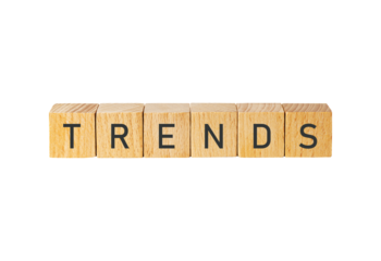 Wooden blocks spelling the word trends isolated on transparent background