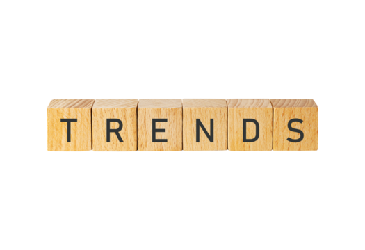 Wooden blocks spelling the word trends isolated on transparent background