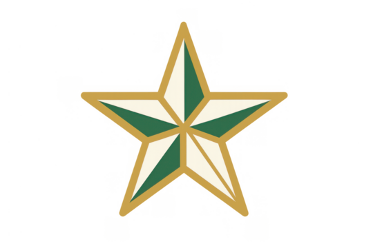 Stylized green, cream, and gold five-point star symbol or emblem. Transparent background makes it versatile for branding and design