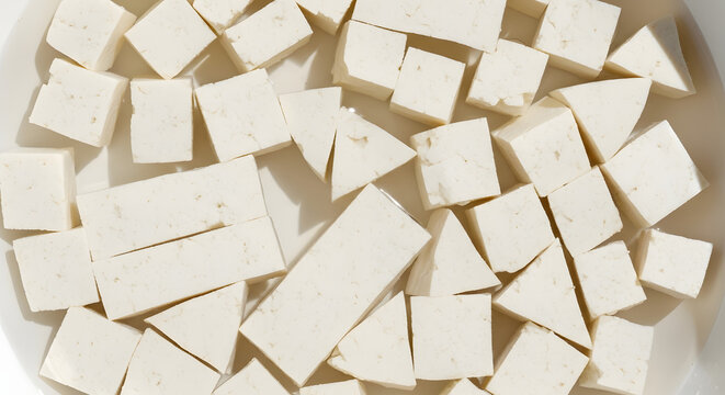 Fresh Tofu Cubes Soaked in Water, in Various Cut Shapes