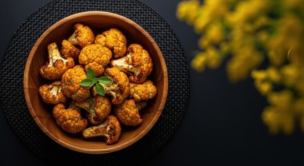 A rustic wooden bowl filled with golden roasted cauliflower florets, seasoned and garnished with fresh parsley, set against a dark background