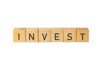 Wooden blocks spelling invest isolated on transparent background