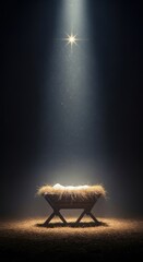 Empty manger with straw and cloth, illuminated by the Star of Bethlehem light beam and sparkle