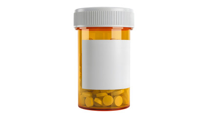 Yellow pills in bottle with label offer relief and promote health wellbeing