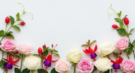 A beautiful floral arrangement of pink and white roses with fuchsia flowers on a white background