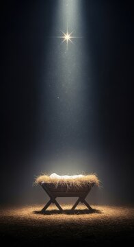 Empty manger with straw and cloth, illuminated by the Star of Bethlehem light beam and sparkle