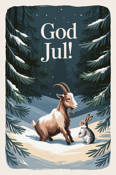 Swedish Christmas card God Jul text with goat and hare in snowy forest, vintage holiday illustration