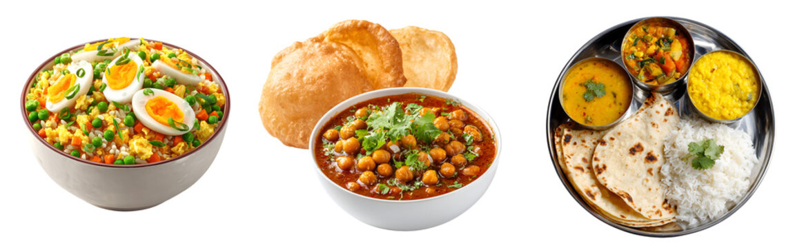 A display of three indian dishes including egg fried rice, chole bhature, and a thali plate meal