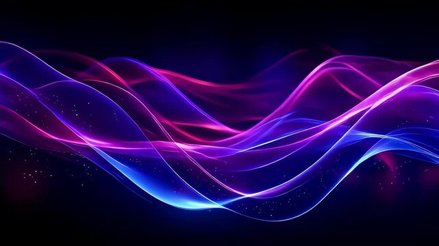 Abstract digital wave background with glowing blue and purple light beams, particles, and dynamic motion. 3D rendered illustration ideal for technology presentations, futuristic website headers, music