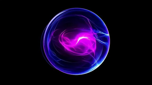 Glowing energy orb with blue and purple plasma lightning inside. Isolated on dark background. 3D rendered illustration, ideal for magic, psychic, futuristic technology or physics concept visual design