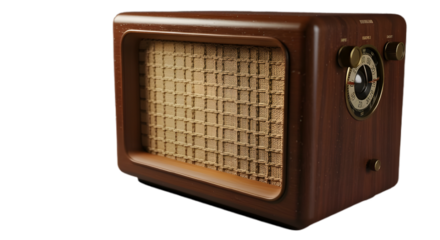 Vintage radio receiver antique wood speaker retro technology broadcast dial knob nostalgic sound device on transparent background