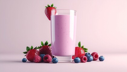 Strawberry smoothie in a glass, surrounded by fresh berries, a refreshing and healthy summer drink