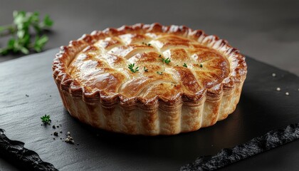Perfectly baked savory pie, showcasing a golden, flaky pastry crust, exquisitely prepared and garnished, a comforting and delicious culinary centerpiece ideal for any meal