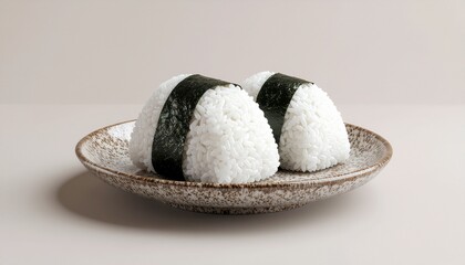 Two traditional Japanese onigiri rice balls wrapped in nori seaweed served on a ceramic plate, a classic Asian snack