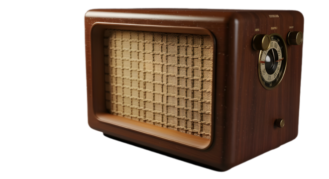 Vintage radio receiver antique wood speaker retro technology broadcast dial knob nostalgic sound device on transparent background