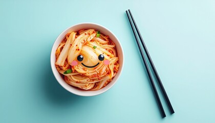 Cute smiling bowl of vibrant Korean kimchi, a delicious and healthy fermented dish, presented with chopsticks on a bright blue background
