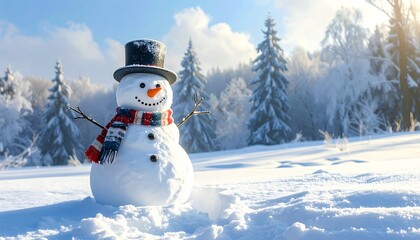 Obraz premium A cheerful snowman in a snowy landscape, under a bright winter sky