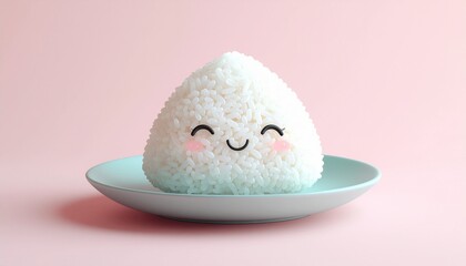 Smiling Rice Ball on Plate A Cute Cartoon Illustration - Japanese Food Concept