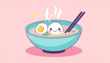 Cute and Delicious Ramen Bowl with Smiling Egg Characters A Fun Food Illustration