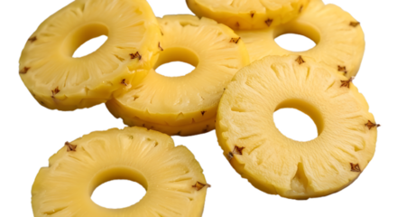 Rings of pineapple fruit tropical yellow sweet healthy delicious juicy food snack dessert ingredient raw diet on transparent background