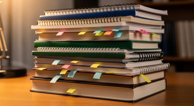 Towering Stack of Educational Books and Notebooks with Colorful Study Tabs