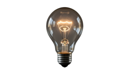 Lightbulb idea energy electricity bright lighting power innovation solution inspiration filament glass on transparent background
