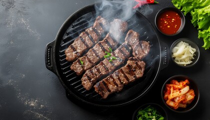 Sizzling Korean BBQ Galbi grilled to perfection on a cast iron pan with traditional side dishes like kimchi and gochujang sauce
