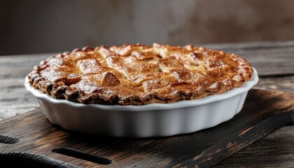 Golden-brown baked apple pie in a white ceramic pie dish on a rustic wooden board