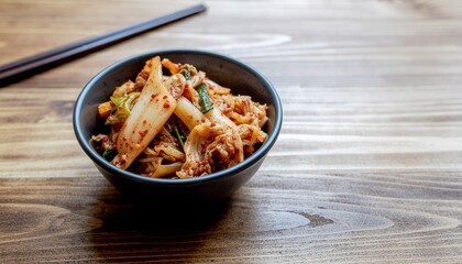 Spicy and tangy Korean kimchi in a black ceramic bowl, a healthy and flavorful fermented food, ready to be eaten with chopsticks on a wooden background