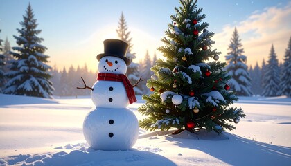 Obraz premium A snowman, adorned with a hat and scarf, stands beside a decorated evergreen, bathed in sunlight against a snowy forest backdrop