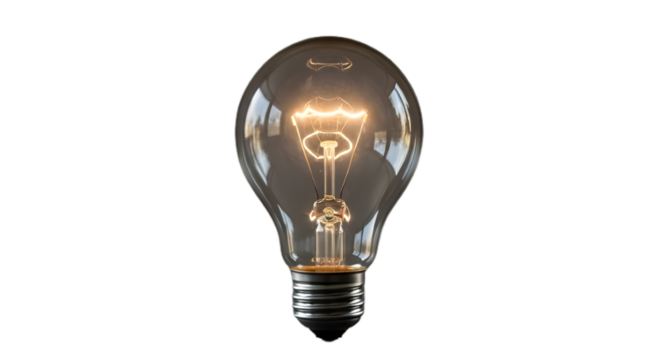 Lightbulb idea energy electricity bright lighting power innovation solution inspiration filament glass on transparent background