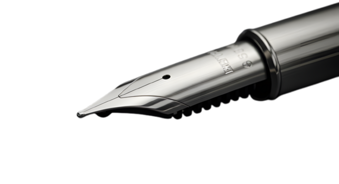 Silver pen writing instrument close up detail fountain pen tip luxury write tool design stationery metal on transparent background