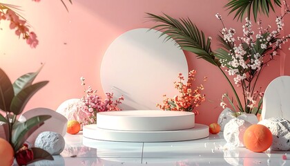 A light-filled platform with floral accents against a pastel pink backdrop