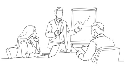 Professional business meeting presentation with a growing graph, illustrated in a unique one-line continuous art style, capturing teamwork and corporate strategy in a minimalist design