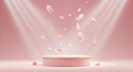 Pink podium with falling flower petals under spotlights, elegant product display background