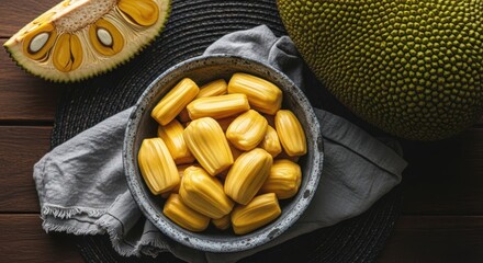 Fresh jackfruit segments in a bowl, whole fruit and cut half on a dark textured background