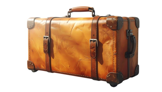 travel suitcase with sturdy wheels and handle, detailed texture and shadows, ready for packing and travel, isolated on transparent background, PNG format.
