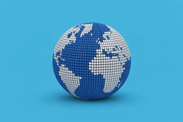 Pixelated globe with continents in blue and white on a solid light blue background world earth