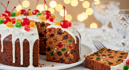 A delicious fruitcake decorated with icing and cherries, perfect for holiday celebrations and festive occasions