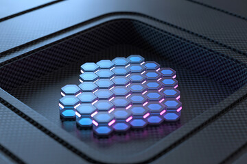 Abstract hexagonal grid pattern with glowing blue and purple lights on a dark surface